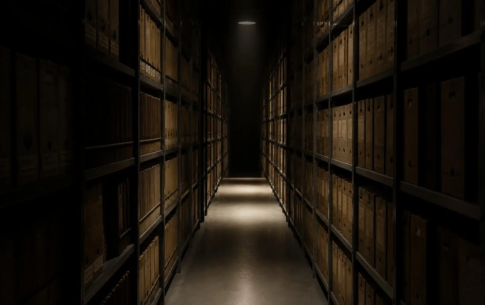 Rows of archive filing shelves receding into darkness